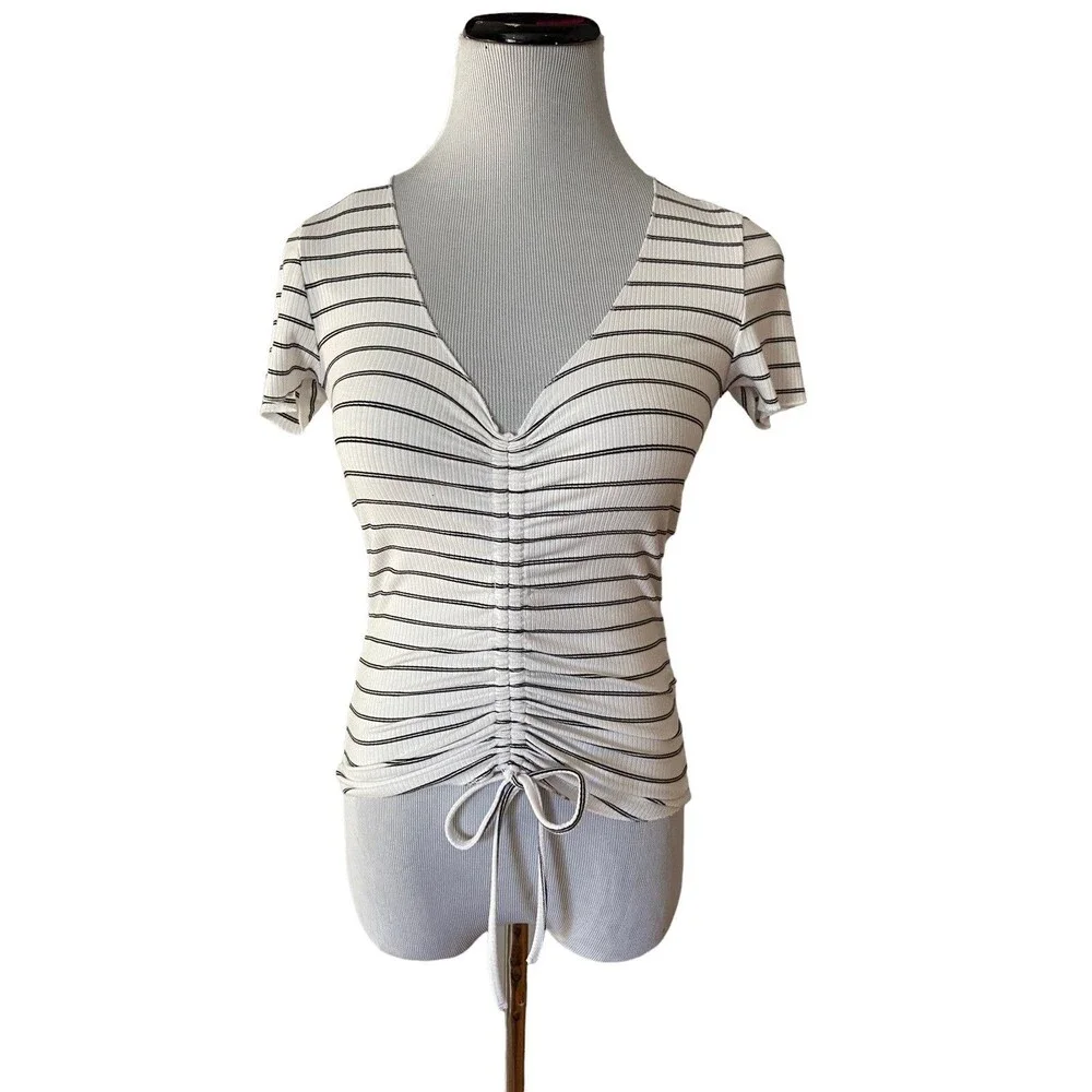 Y2K Ruched Front Top Women Size S Striped Ribbed Exposed Belly Crop Baby Tee 00s - Picture 3 of 6